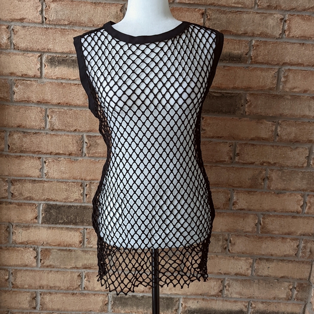 SHAN mesh fishnet beach coverup